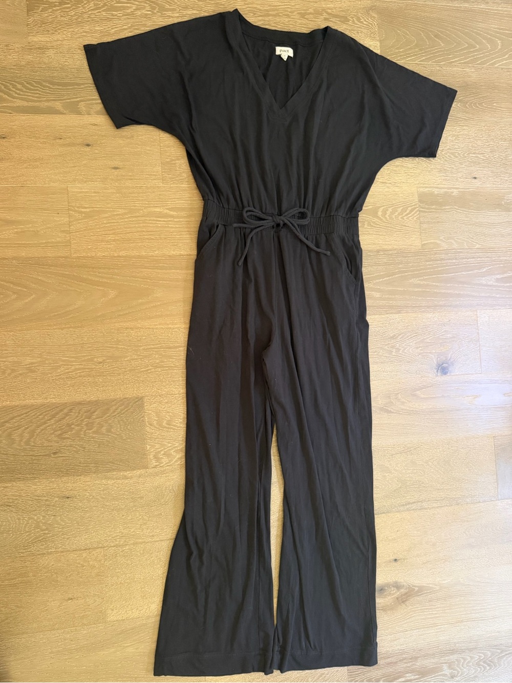 Pact Black V-Neck Short-Sleeve Jumpsuit with Drawstring Waist